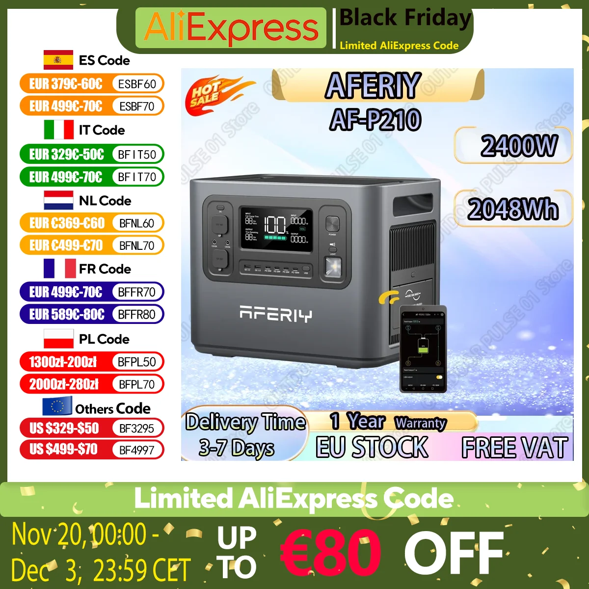 AFERIY AF-P210 محطة طاقة محمولة 2400 واط مولد الطاقة الشمسية 2048Wh LiFePO4 بطارية احتياطية للمنزل التخييم في الهواء الطلق الطاقة المتنقلة