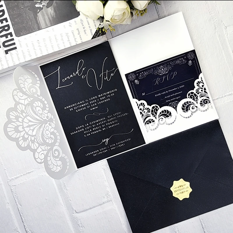 10 pieces Laser Cut Floral Tri-fold Pocket Wedding Invitations Customized Quinceanera XV Birthday Thank You Greeting Card IC153