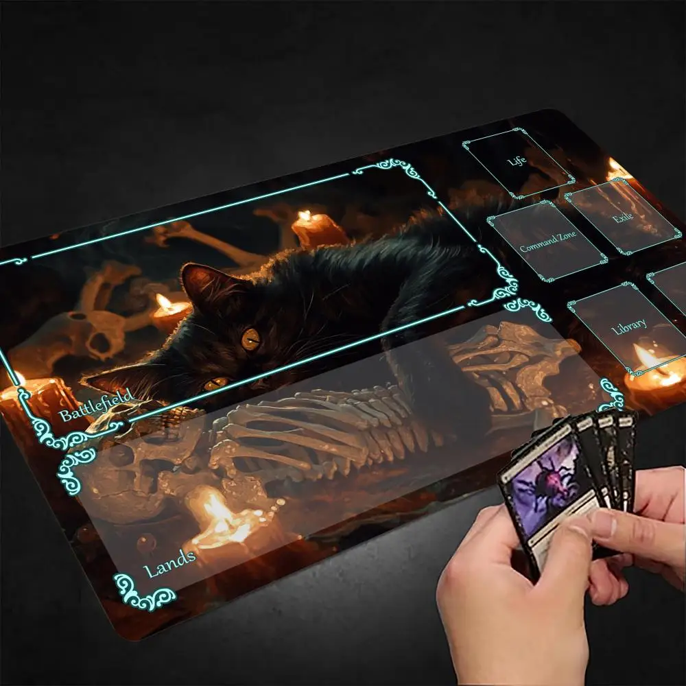 

Eerie cat and skeleton MTG Playmat Magic Card Mat with Stitched Edge Non-Slip Durable Tabletop playmat Board Game Mat for TCG