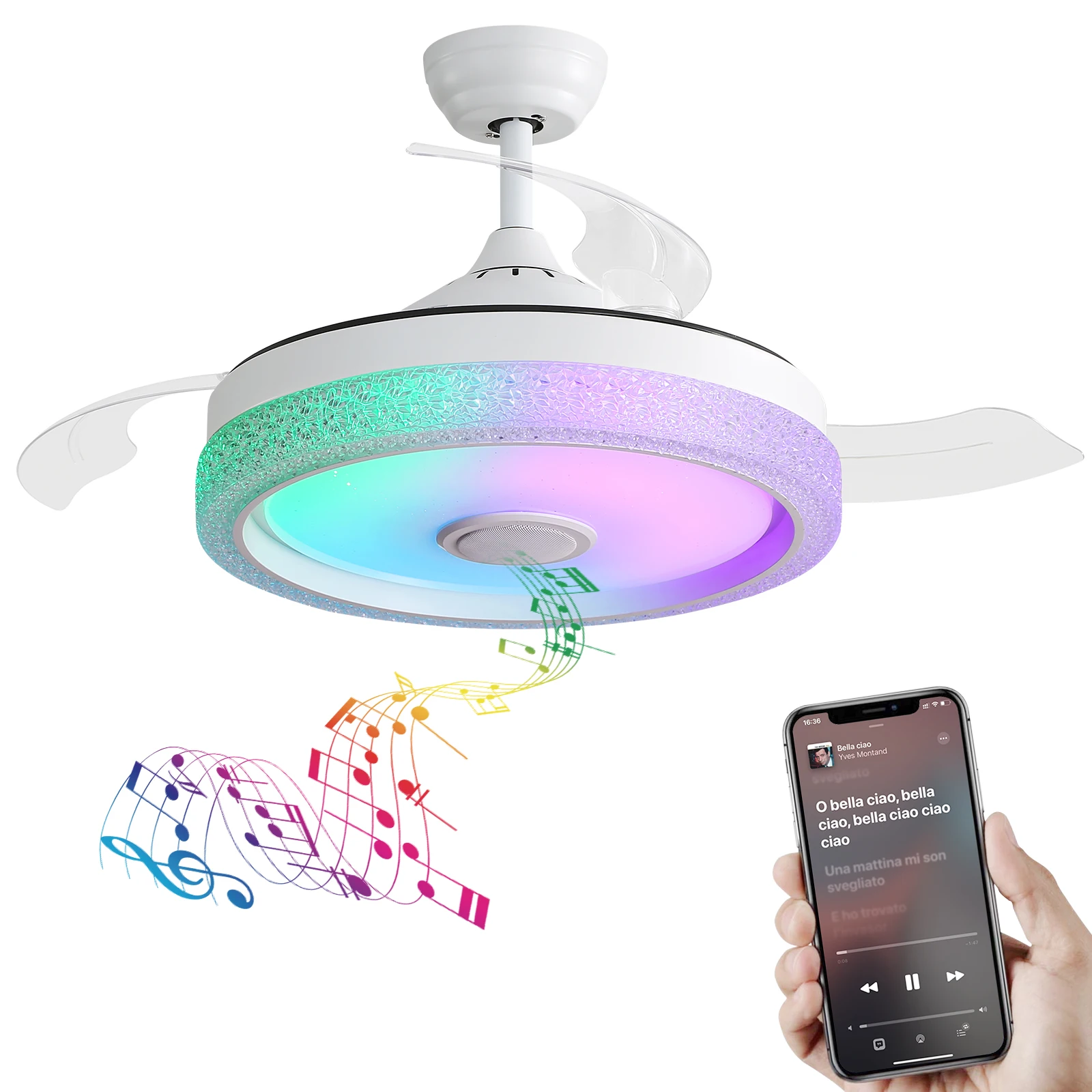 42 Inch Modern Invisible Ceiling Fan, 120V 3 ABS Blades Remote Control Reversible DC Motor, With 36W Led Light Smart APP Control