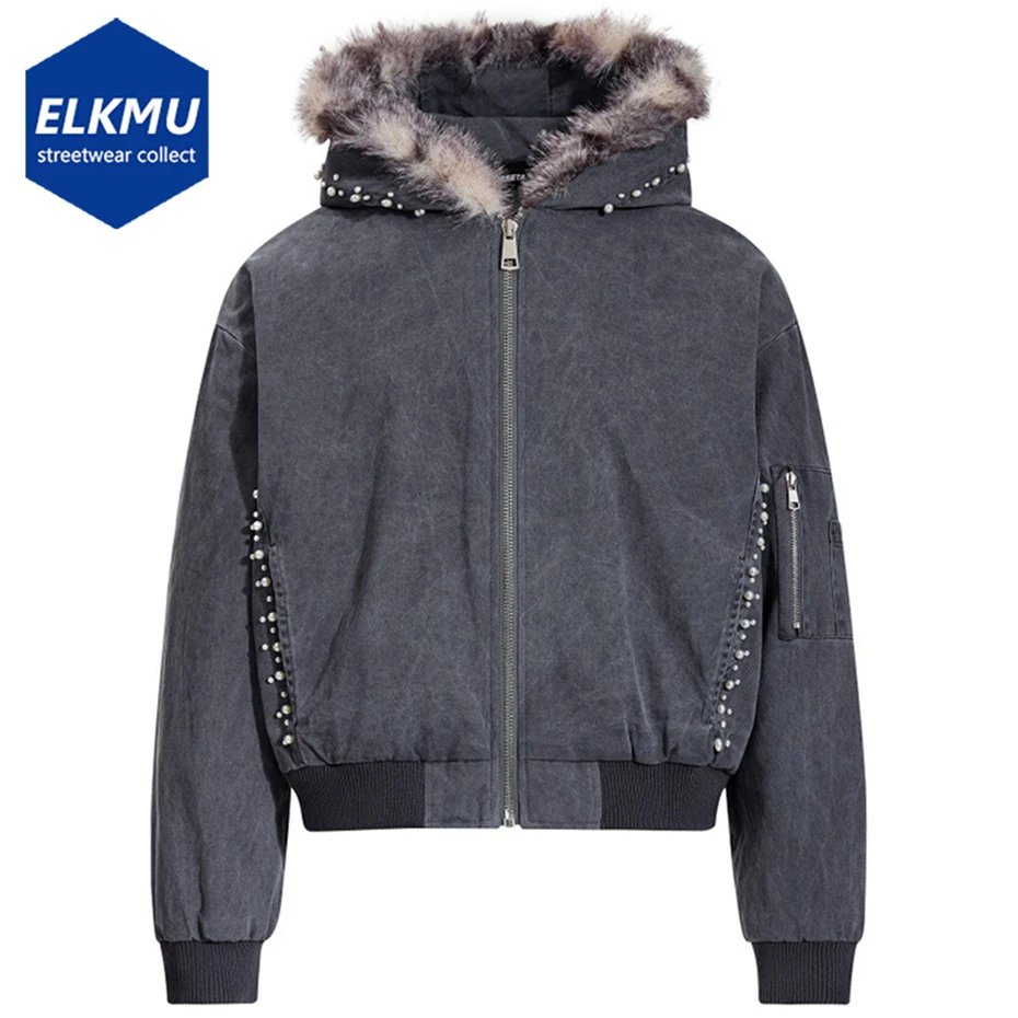 

Winter Jackets Men Fur Collar Thicken Parkas Pearl Vintage Oversized Padded Jackets Streetwear Harajuku Jackets outwear