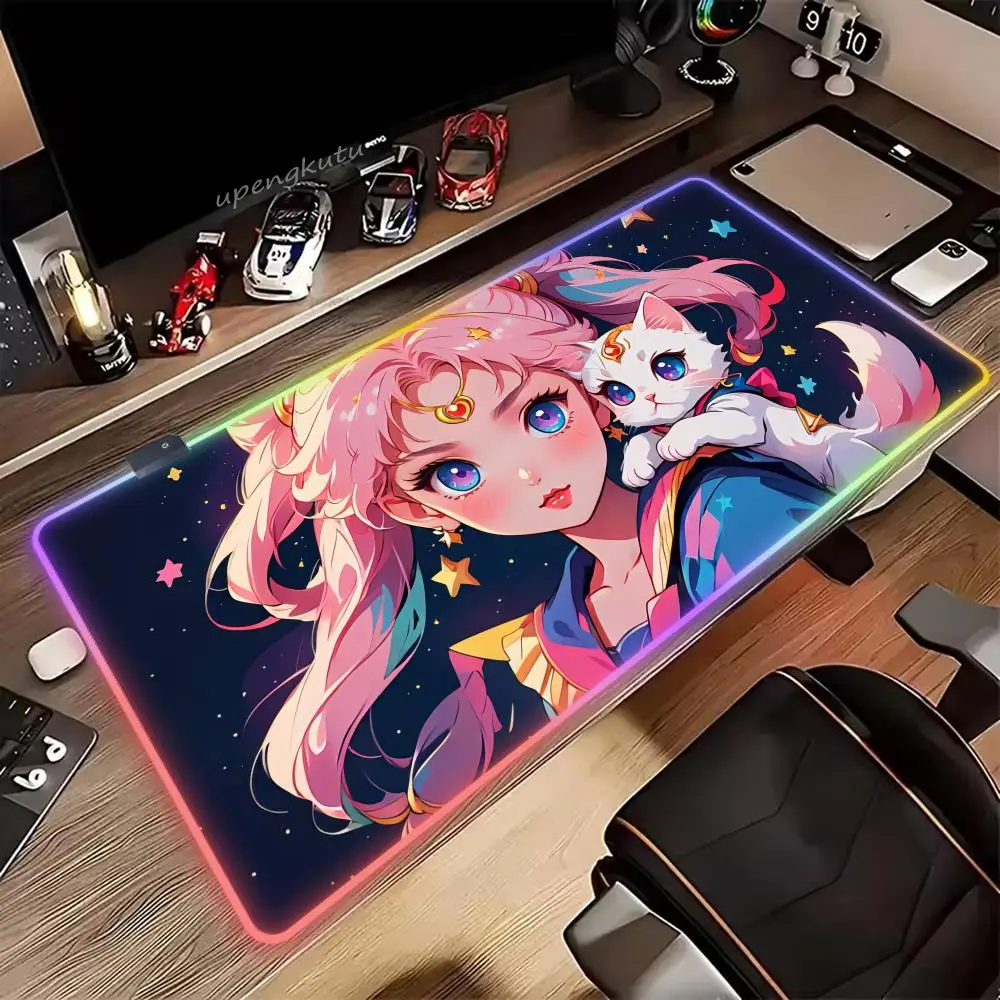 

Girl and her cat Mouse Pad RGB HD XXL Cute Mouse Pad Keyboard Mousepad PC Large Table Pad Gaming Laptop LED Desk Mat