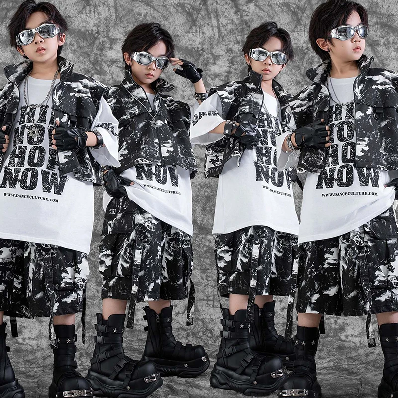 New Jazz Outfit Boys Hip Hop Dance Performance Suit Oversize T-Shirt Model Show Clothes Cool Kids Street Dance Clothing VDL3947
