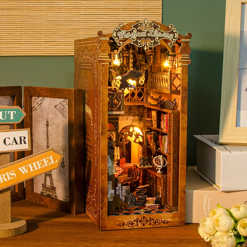 Magical DIY Book Nook Kit บ้านตุ๊กตาขนาดเล็กพร้อมไฟ LED 3D ปริศนาอาคารชั้นวางหนังสือไม้ Bookend ของเล่นผู้ใหญ่ของขวัญ