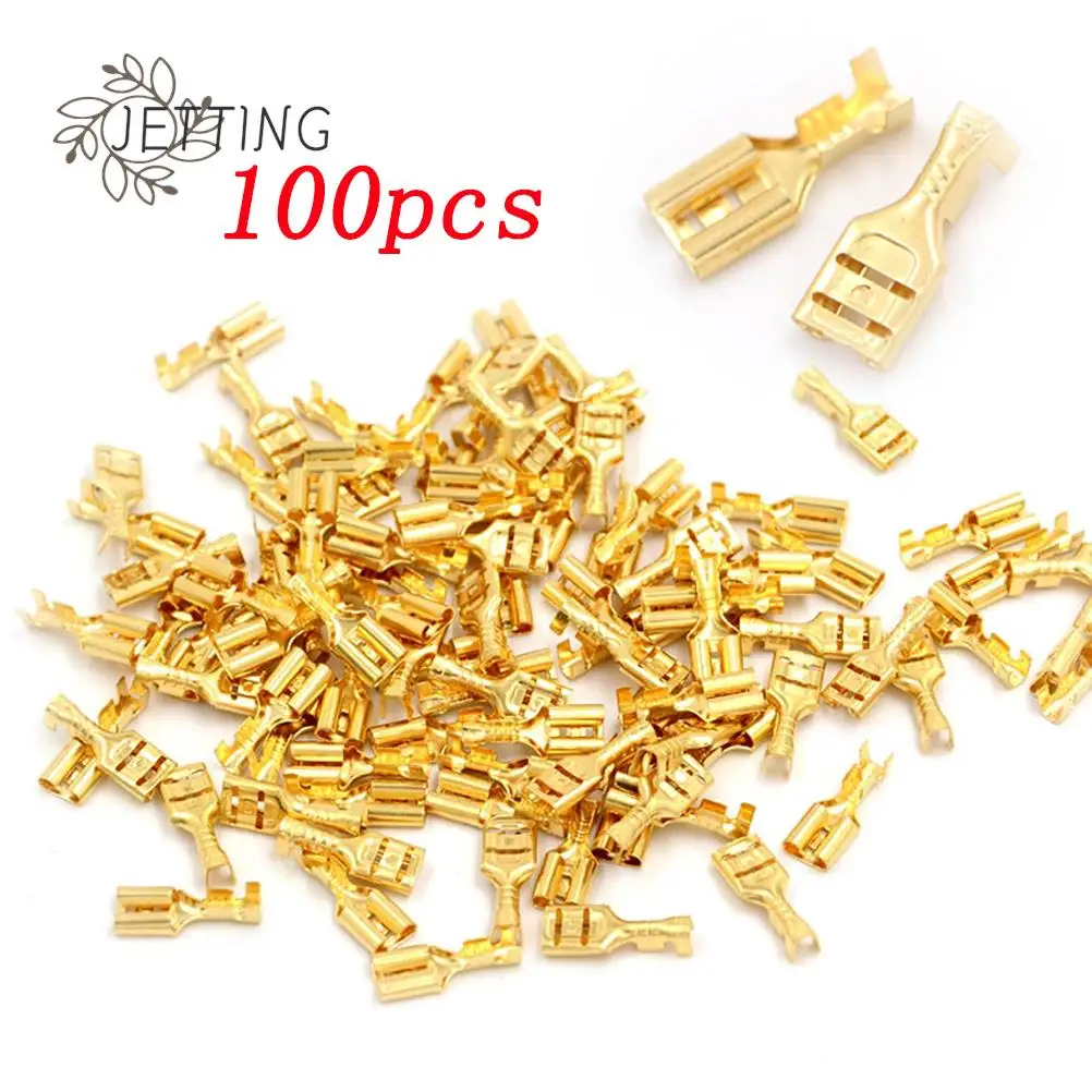 100Pcs/lot 6.3mm Female Crimp Terminal Connector Gold Brass Car Speaker Electric Wire Connectors Set