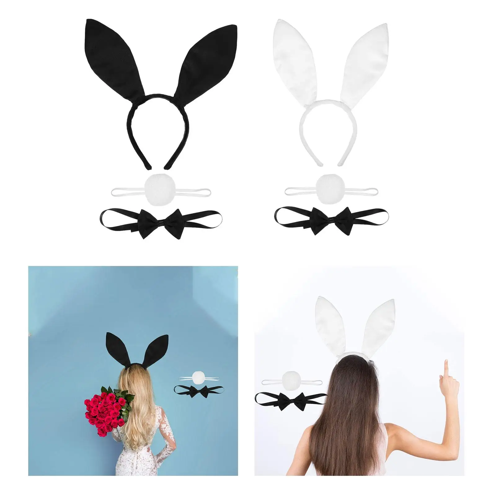Damen Hasenkostüm Ohr Stirnband Kaninchenschwanz Hasenmädchen Cosplay Kostüm Partys mit Tiermotiven für Halloween Kinder Erwachsene