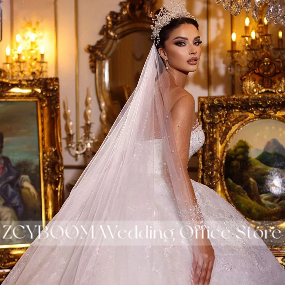 Squisito abito da ballo scintillante perline abiti da sposa con collo trasparente 2025 principessa illusione maniche lunghe abiti da sposa abiti da noiva