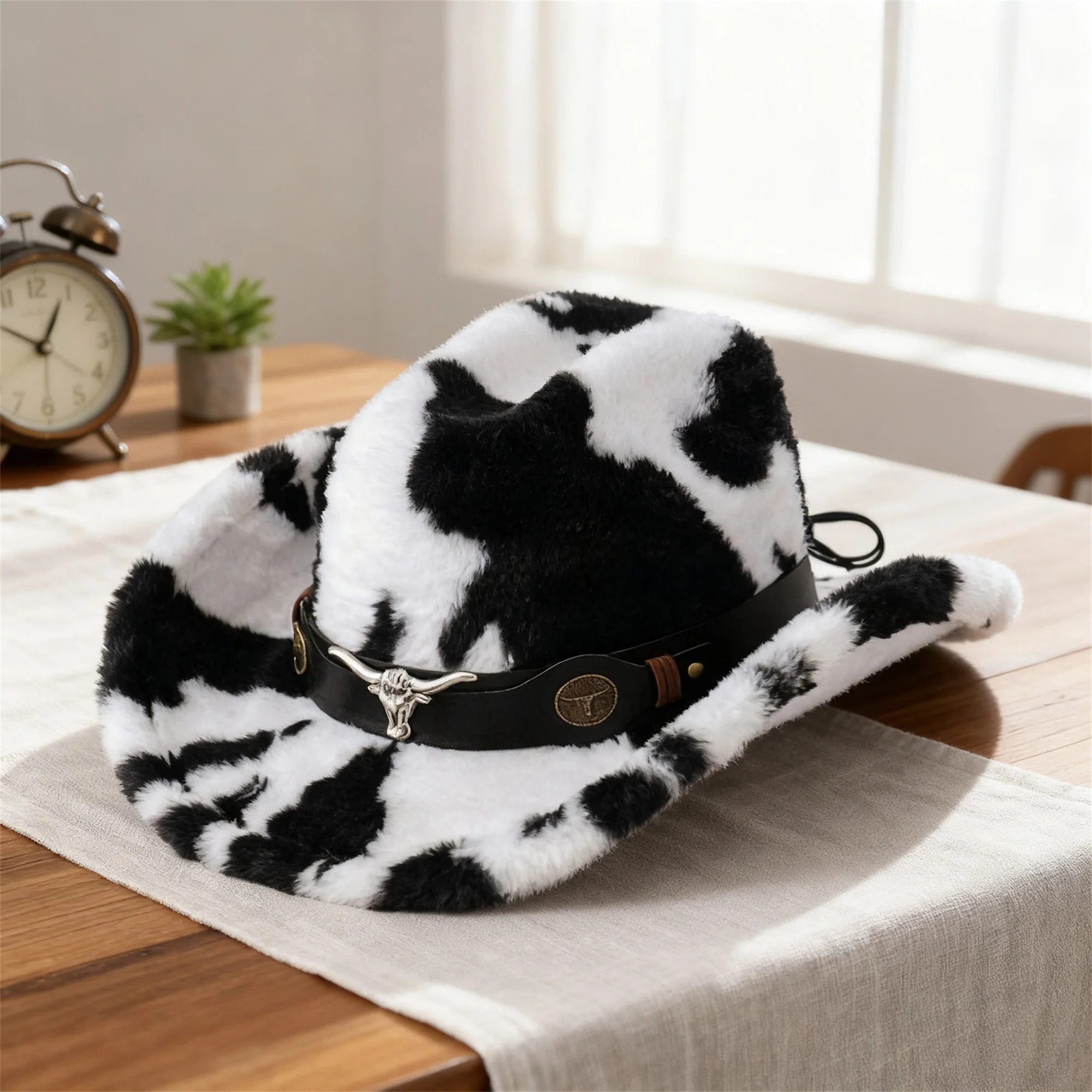 Chapéu de cowboy unissex elegante de pele sintética com design de cabeça de touro e aba larga perfeito para festas e eventos de inverno