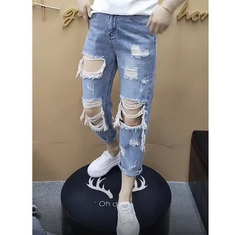 JeansWomen Lubang Korea Musim Semi Musim Panas Baru Longgar Bf Celana Denim Pinggang Tinggi Wanita Lurus Sembilan Poin Celana Koboi Harem W692