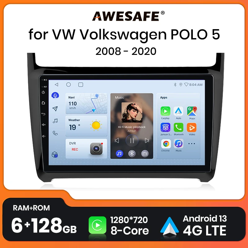 

AWESAFE Беспроводная CarPlay Android 13 радио для Volkswagen POLO 5 2008 2009 - 2020 GPS Навигация стерео автомобильные интеллектуальные системы