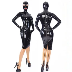 Rubber Latex Women Men Black Long Sleeve Dress Mask Gloves Attached with 3D Breast Cup Handmade Costumes S-LD197