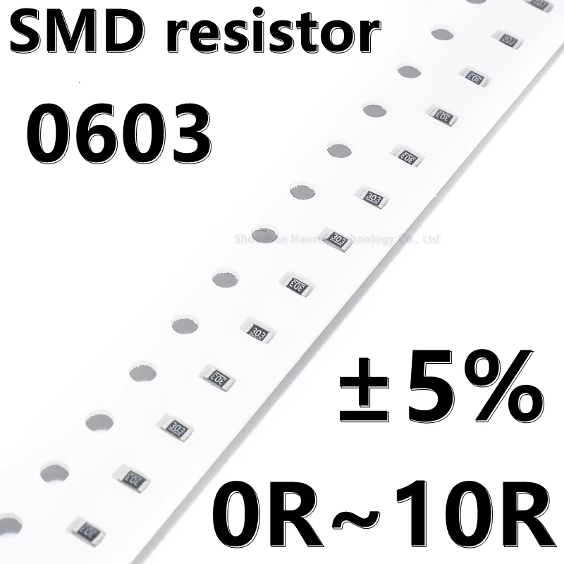 (100pcs) 0603 5% SMD resistor 0R 1R 1.2R 1.3R 1.5R 1.6R 1.8R 2R 2R2 2R4 2R7 3R 3R3 3R6 3R9 4.3R 4.7R 5R1 5R6 6R2 6R8 7R5 8R2 10R