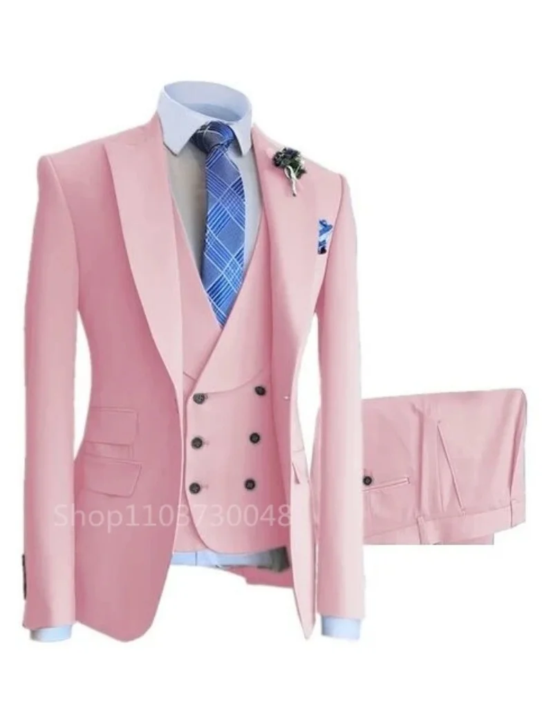 

Classic Solid Suits for Men Peak Lapel Blazer Double Breasted Vest Pants 3 Pieces Set Elegant Slim Fit Men's Suit for Wedding