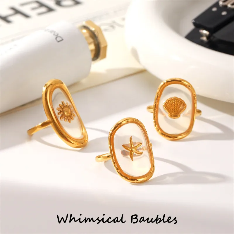 

Luxury Stainless Steel 18K Gold Plated Ring Women Jewelry Oval Starfish Hammered Ocean Style Open Ring