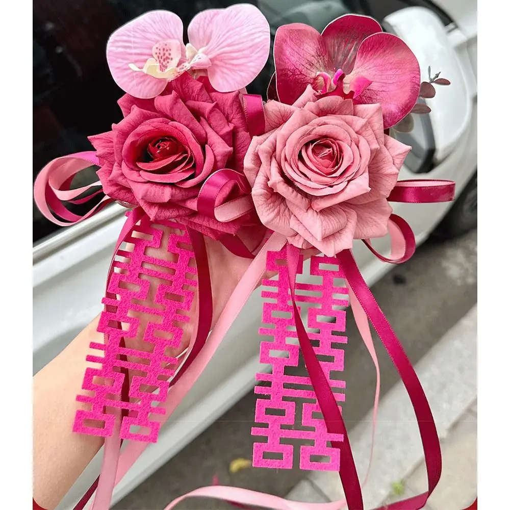 2 個吸盤リボン結婚式の車の花ちょう結び人工結婚式の装飾多機能再利用可能なブライダルカーの装飾