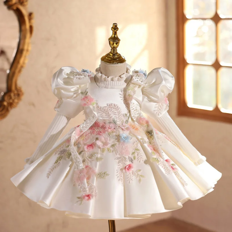 New Luxury Niche High-End Pearl Embroidered Bow Puff Sleeve Wedding Birthday Princess Dress for Girls