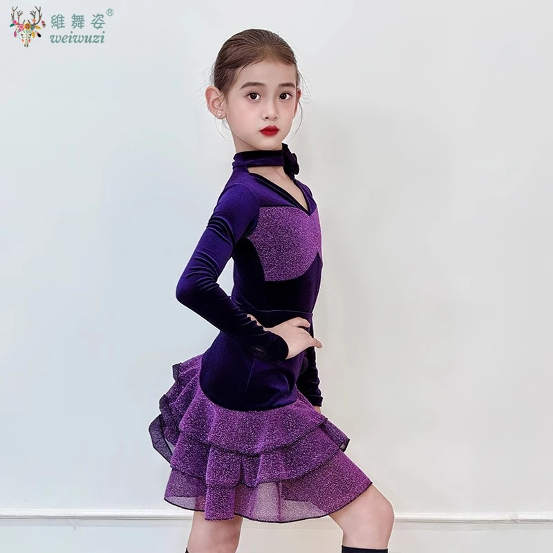 Vêtements d'entraînement de danse latine pour filles, jupe multicouche à manches longues, vêtements de compétition de spectacle sur scène de danse latine, automne