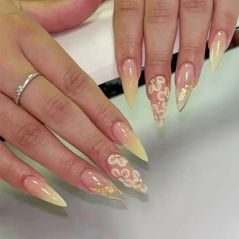 Press on Acrylic Nails Almond Full Cover Fake Nail with 3D Yellow Peach Floral False Nails with Glue Detachable Stick on Nails