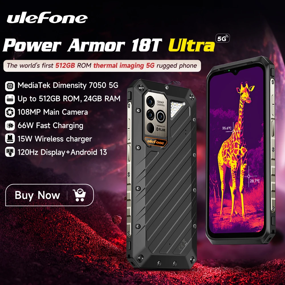 Ulefone 파워 아머 18T 울트라 5G 견고한, 치수 7050,512GB ROM, 24GB RAM, 열화상 카메라 FLIR, 신제품®안드로이드, 13,108MP 