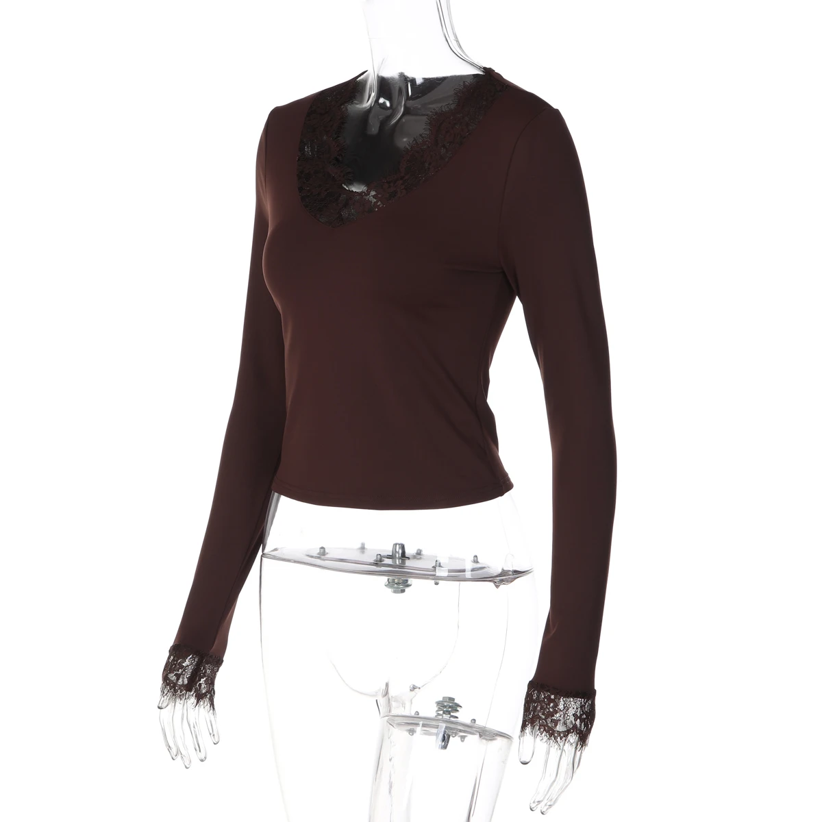 Hugcitar Fashion V-Ausschnitt, einfarbig, langärmelig, mit Spitze, sexy Crop-T-Shirt, Top, passend für Herbst, Damenbekleidung, Party, Nachtclub, T-Shirts – Detail 3