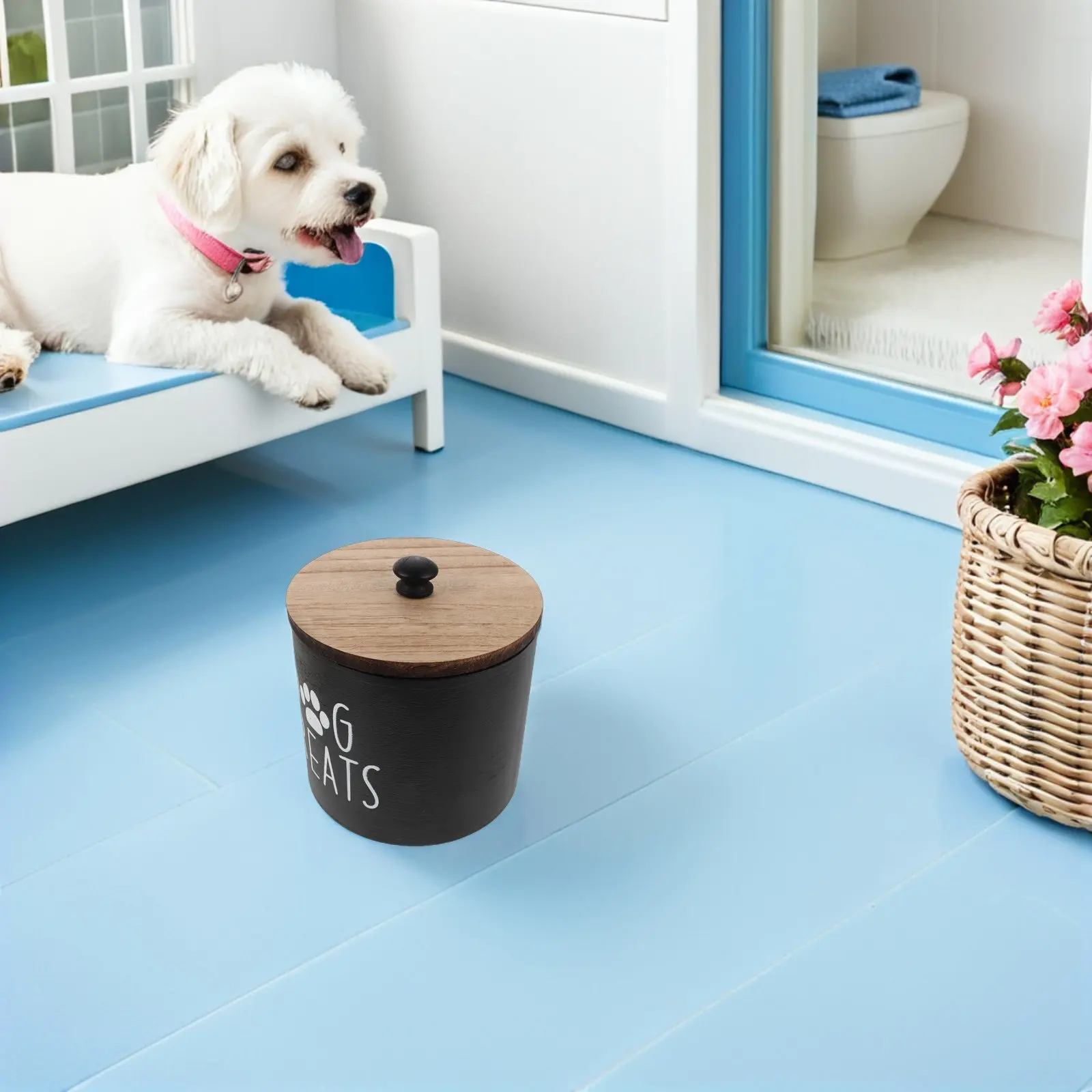 Large Wooden Dog Food Storage Container Airtight Pet Treat Bin for Dry Kibble Snacks and Doggy Biscuits Decorative Kitchen