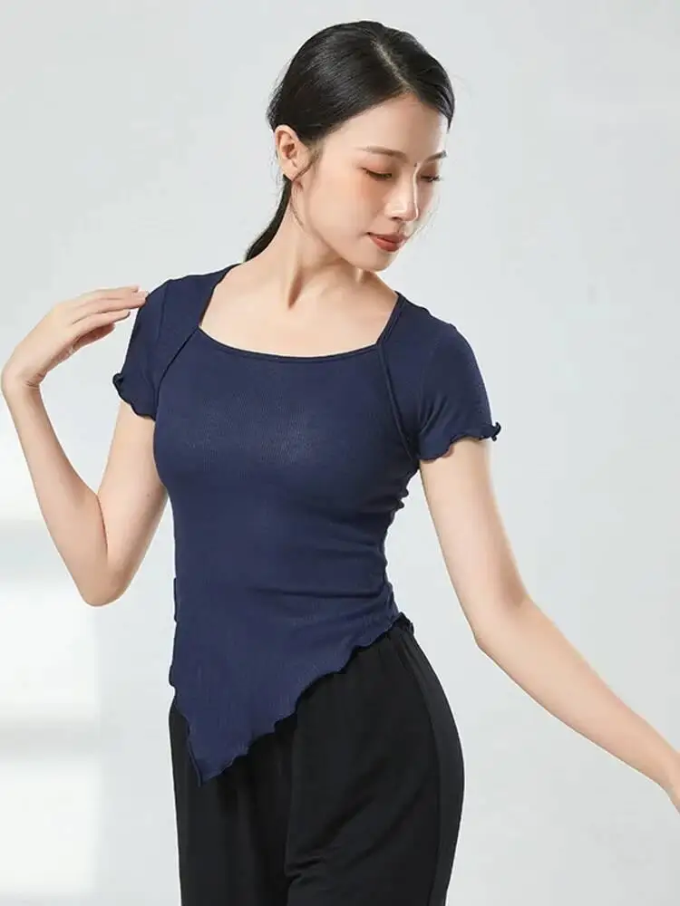 Damska dopasowana koszulka do tańca z kwadratowym dekoltem, jednolita, klasyczny strój ludowy, top na próbki sceniczne, chińskie występy, ćwiczenia.