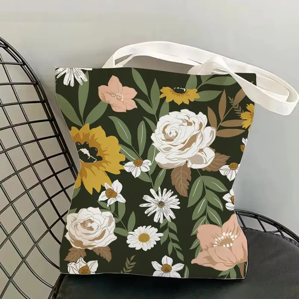 Vintage Floral Storage Bags Canvas Double Sided Print Fashion Shoulder Tote Shopping Bag Gift Eco Handbags