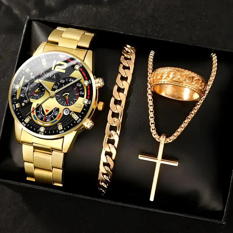 

4 шт. модные мужские роскошные кварцевые часы с подвеской в виде креста, ожерелье, браслет, кольцо, мужские деловые часы с календарем, аналоговые часы из нержавеющей стали