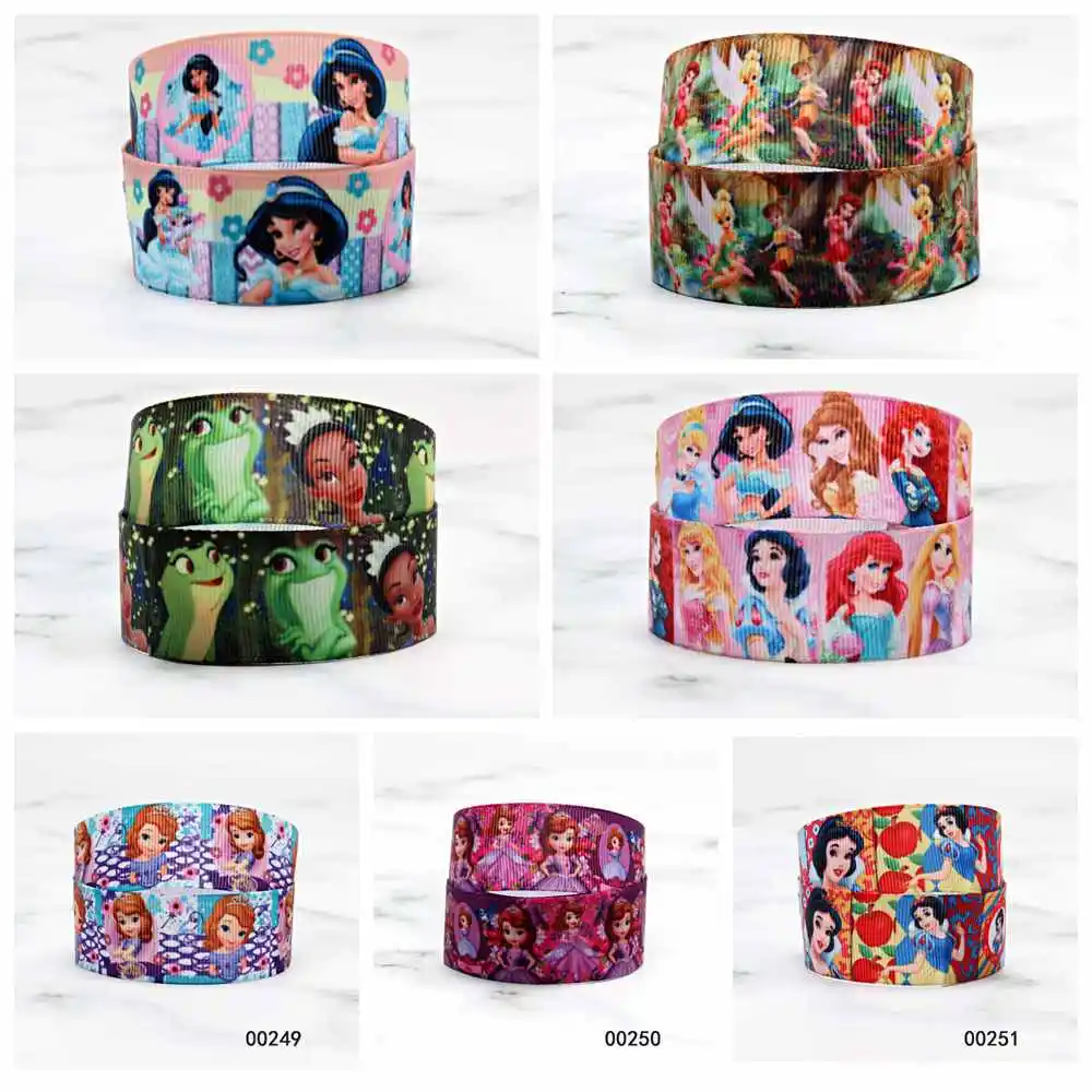 10yards Printed Disney Princess Grosgrain Ribbon Tiana TinkerBell Jasmine Cartoon for DIY 25MM Bows Craft Supplies Decoration