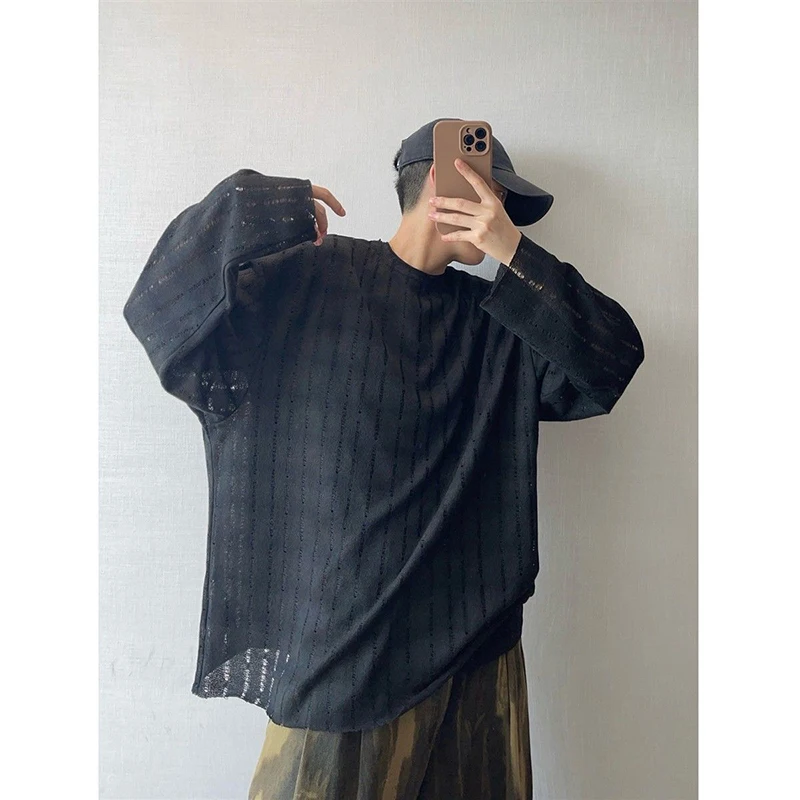 

Men's Oversized Long Sleeve T Shirt Spring Summer Striped See-through Mesh Casual Hole Fringe Edge Loose Thin Cover Up Plus Size