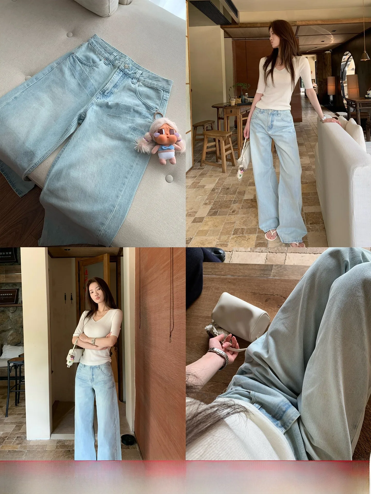 

Cactishop Ice Blue Washed Denim Jeans Women's Loose Straight Leg Casual Wide Leg Pants Cotton Natural Waist Zipper Fly