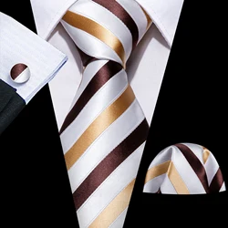 Corbata de seda a rayas de color caqui para hombre, conjunto de gemelos, pañuelo, regalo de negocios de boda, moda, elegante, Barry.Wang