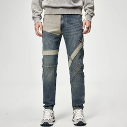 Streetwear high-end fall and winter splicing color patch men's jeans Slim small straight leg micro-stretch pants