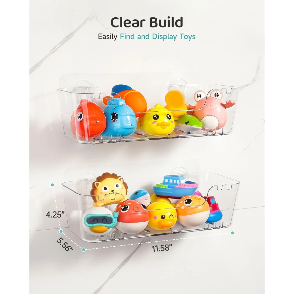 2Pcs Thick Clear Bath Toy Storage Baskets with Drain Holes, Quick Dry Plastic Organizer, Easy Install & Clean Shower Caddy Gift