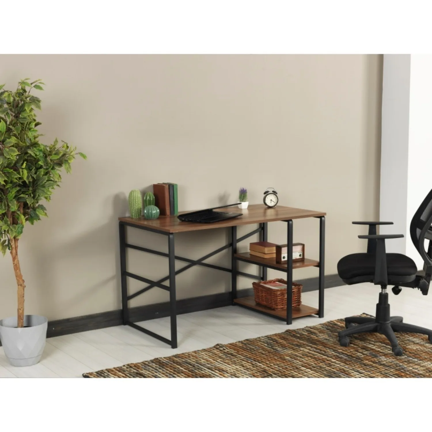 

Furnish Home Store Sage Black Metal Frame Desk - 47" Wooden Top with 2 Shelves for Home Office Writing and Computing