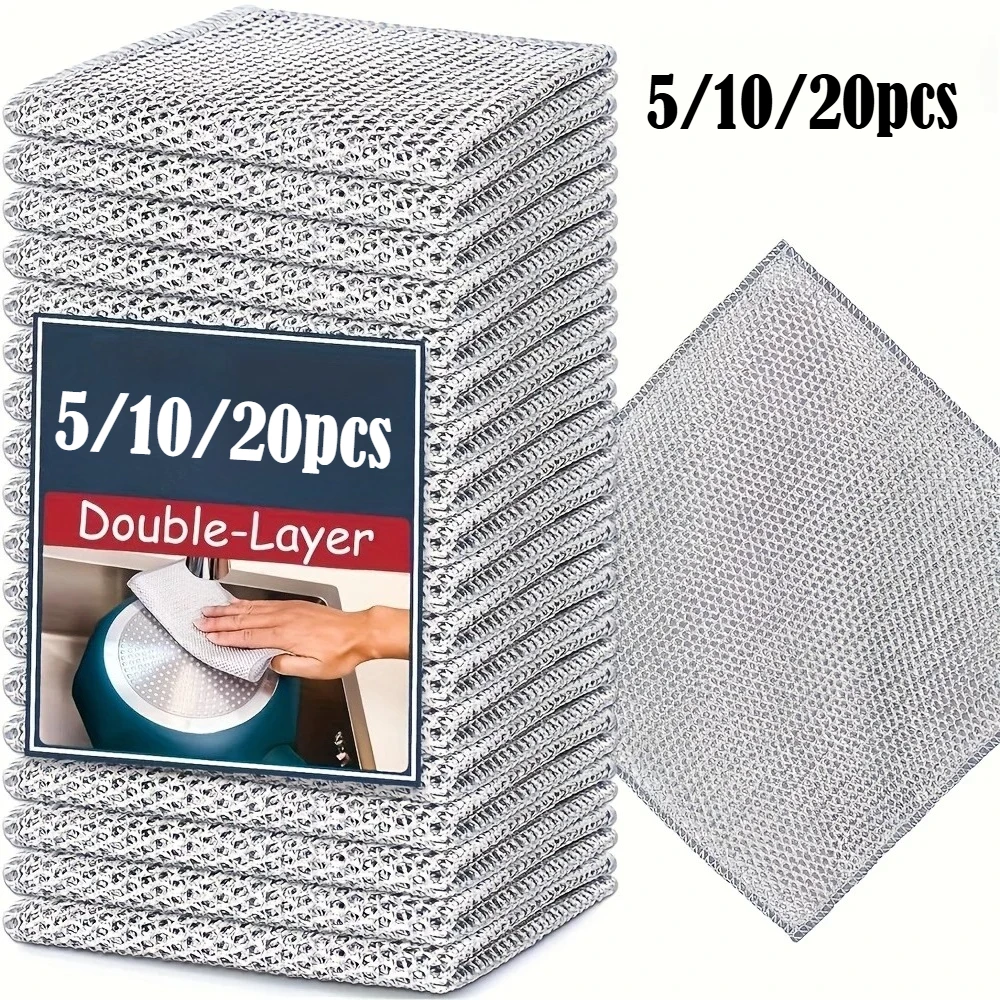 Paños de Limpieza de Microfibra con Doble Capa de Alambre de Acero, 5/10/20 Piezas, Paños Anti-Rayaduras para Fregar Platos y Ollas en la Cocina