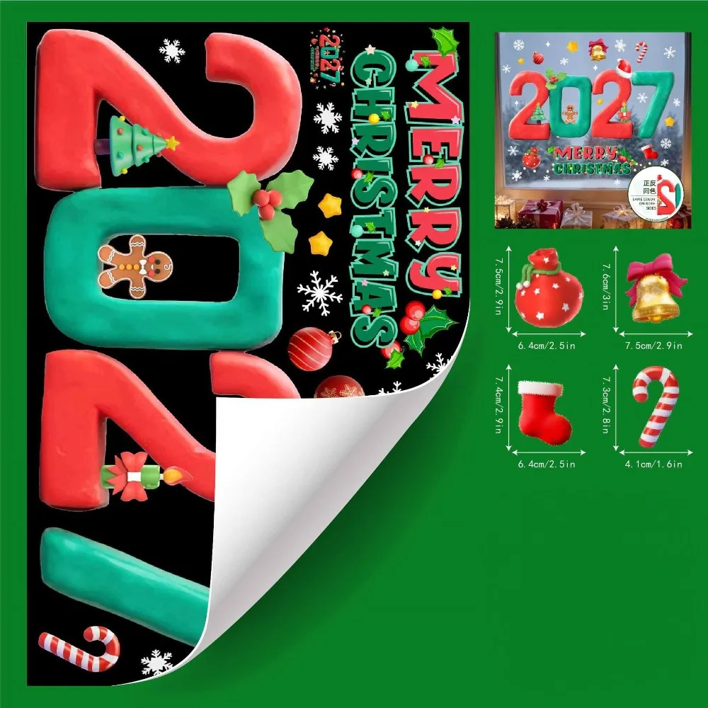 Two-sided 2027 Static Cling Decal Waterproof DIY Christmas Glass Window Sticker Removable Static Festive Atmosphere