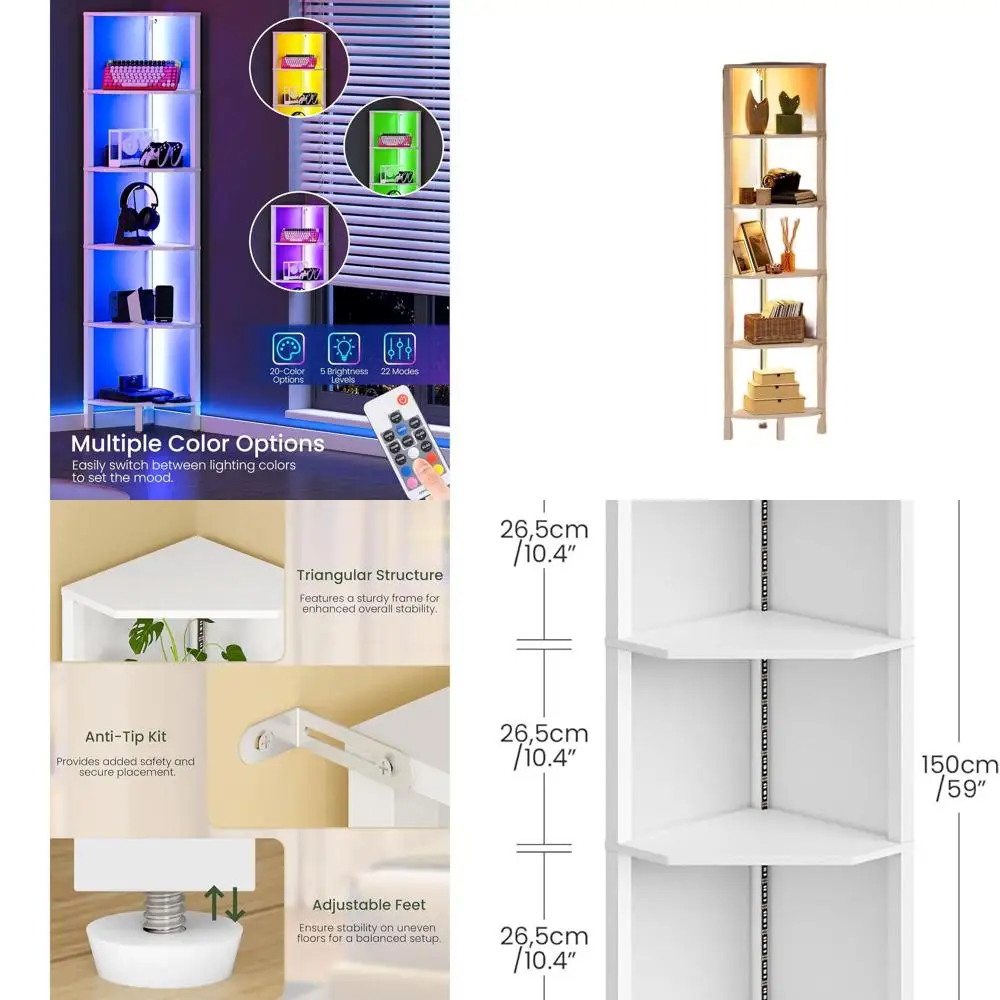 

5-Tier LED-lit Diamond Corner Shelf, White, Compact Storage Organizer for Home and Office