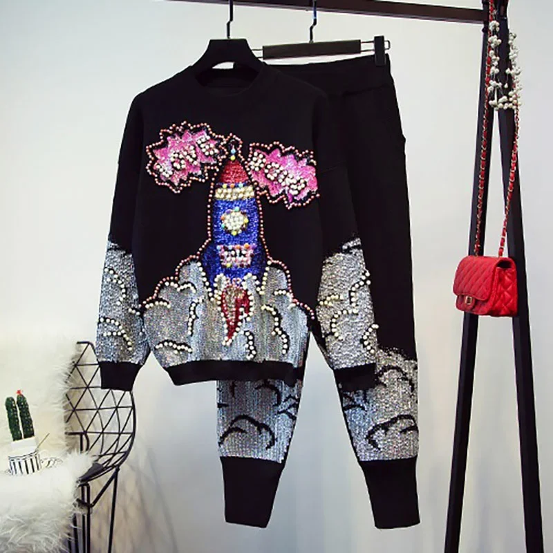 

Women Fashion Beaded Sequins Knitted Tracksuit Outfits Long Sleeve Pullover Sweater Long Pencil Pants Black Knitting Sets Female