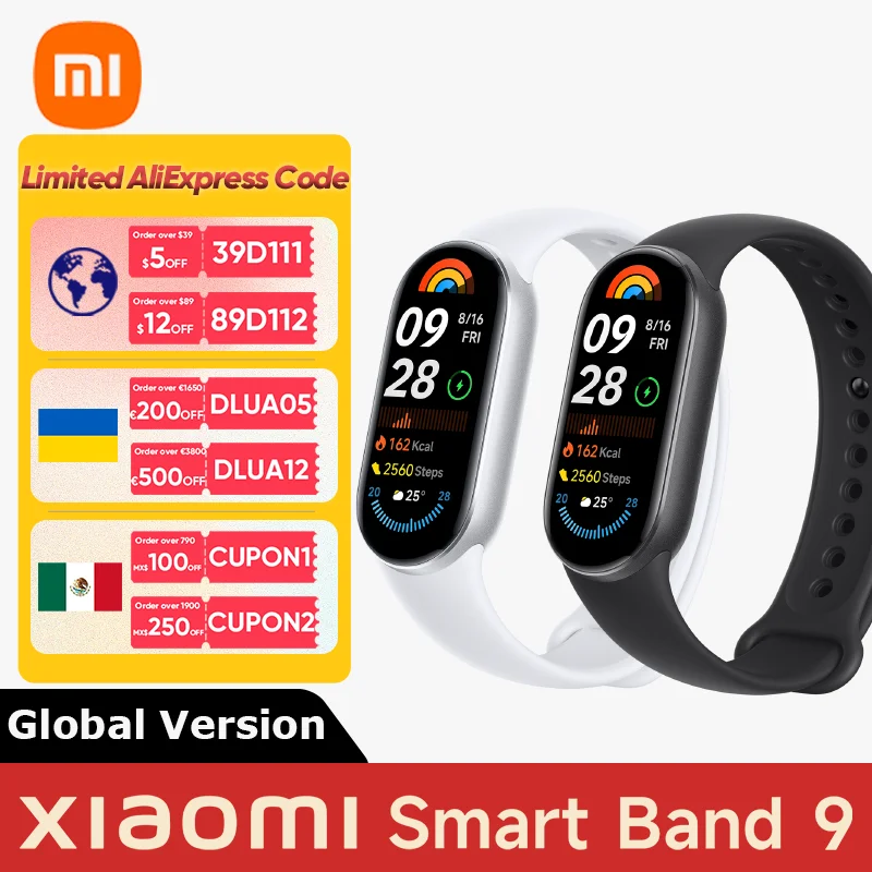 Глобальная версия Xiaomi Smart Band 9 1,62-дюймовый AMOLED-дисплей Мониторинг SpO2 Срок службы батареи на 21 день 150+ спортивных режимов Smartband