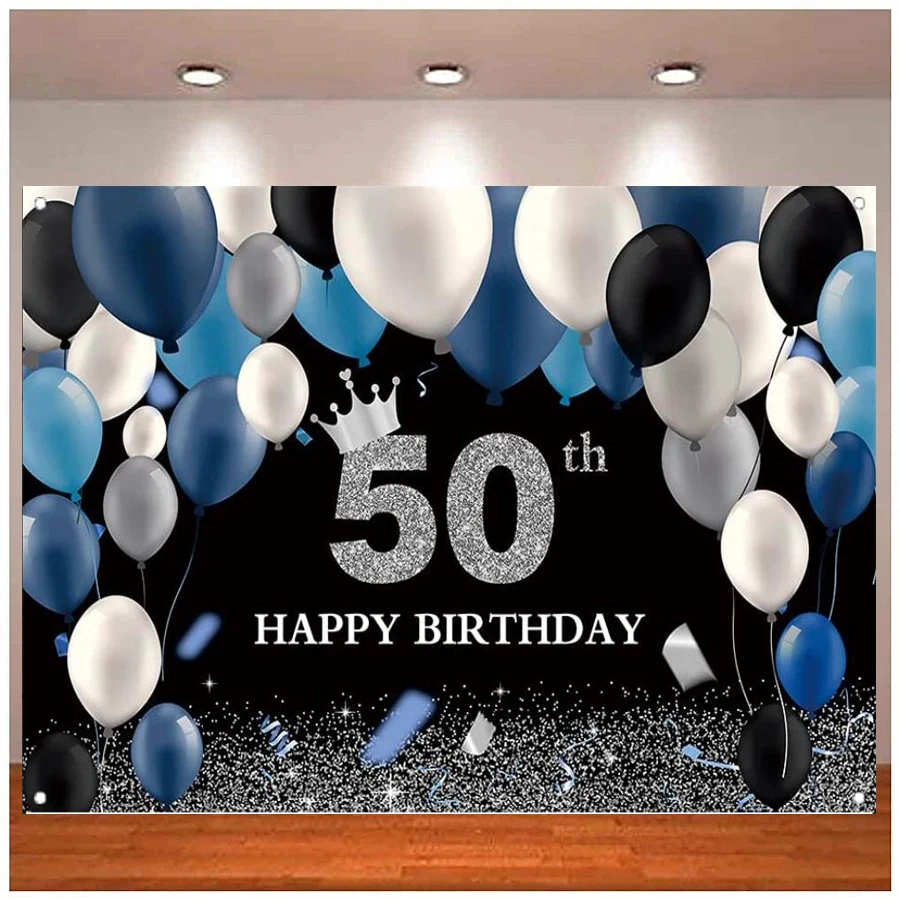 Black And Silver 50th Birthday Photography Backdrop Navy Blue and White Balloons Crown Background Party Decorations Fifty Banner