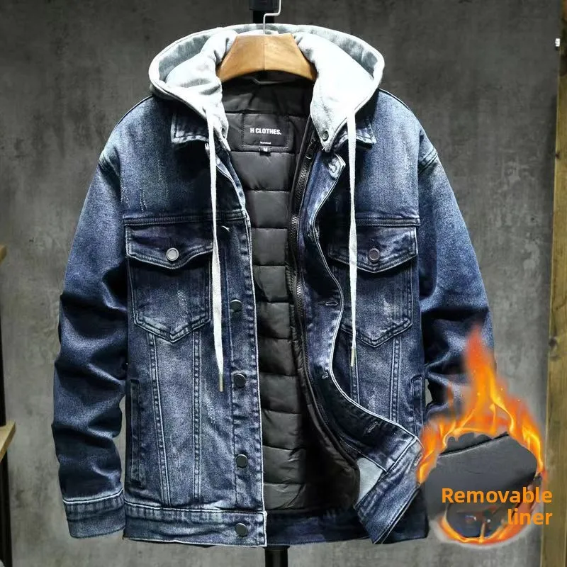 

Зимняя мужская джинсовая куртка, свободная съемная внутренняя подкладка, утепленные тонкие теплые топы с отверстиями, новинка 2025 года, куртка с капюшоном, мужская одежда
