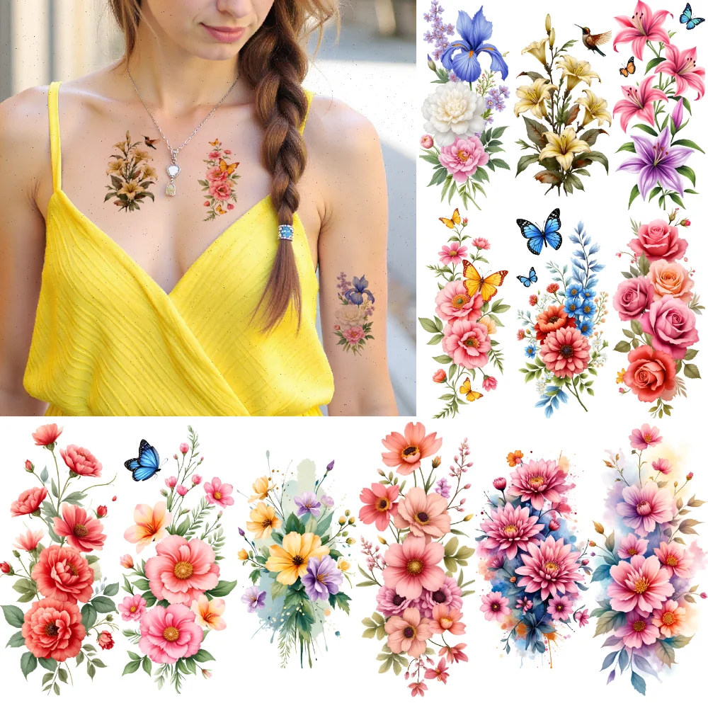 

9pcs Temporary Tattoo Floral Tattoos Colorful Butterfly Tattoos Temporary Tattoo Stickers For Male Back Thighs