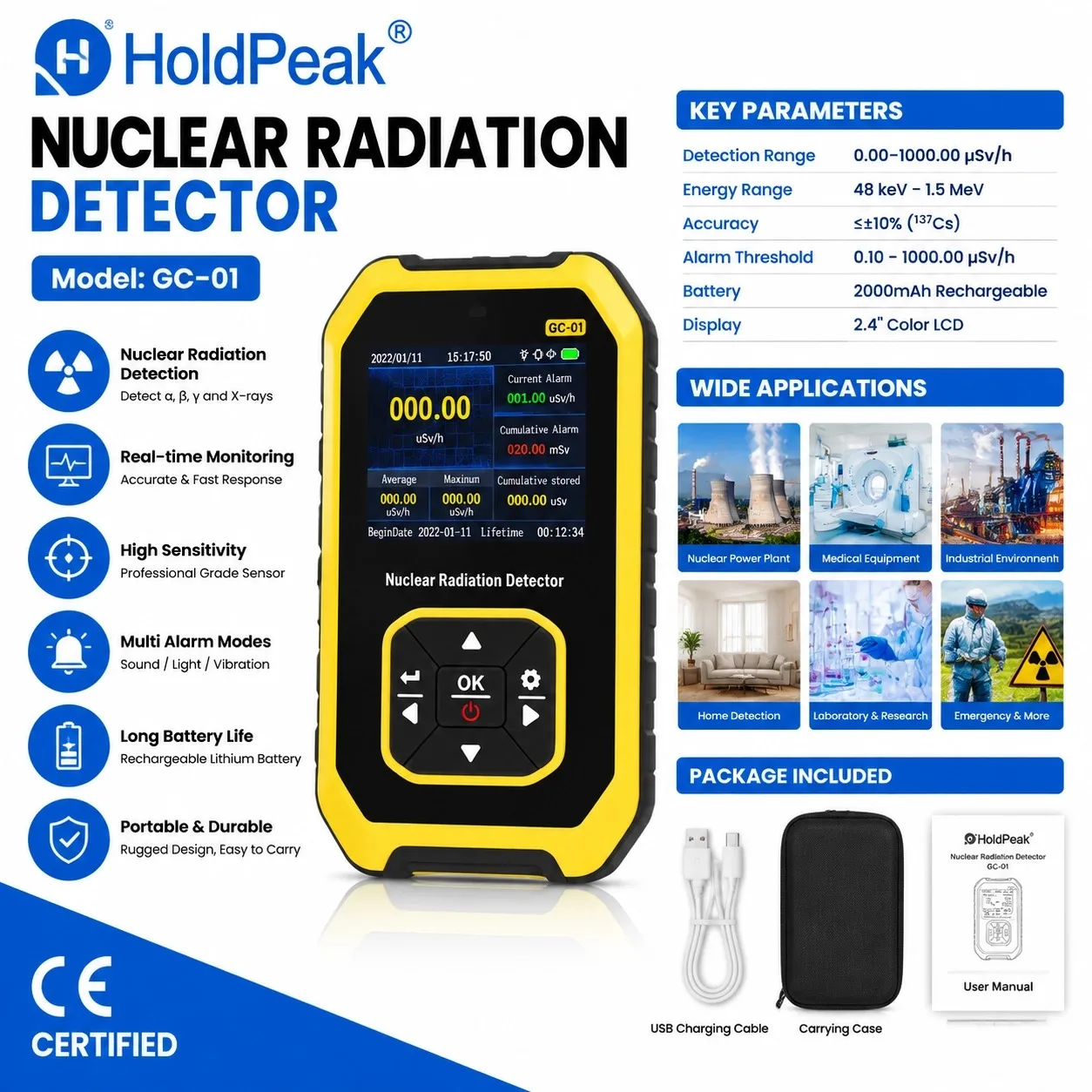FNIRSI GC-01 Nuclear Radiation Detector Geiger Counter β γ X Rays 0-10000μSv/h 5 Units Alarm 1100mAh for Safety