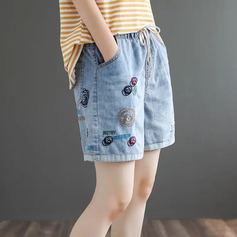 Women Summer Simplicity Fashion Loose Vintage Embroidered Hole High Waist Denim Shorts Women Clothes Casual All-match Straight