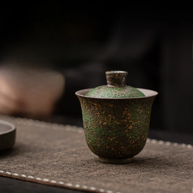 130ML Wizard Green Ercai Cover Bowl Retro Old Rock Mud Kiln Change Tea Bowl Cover TeaCup KungFu TeaSet Tea Bowl  Tea Ceremony