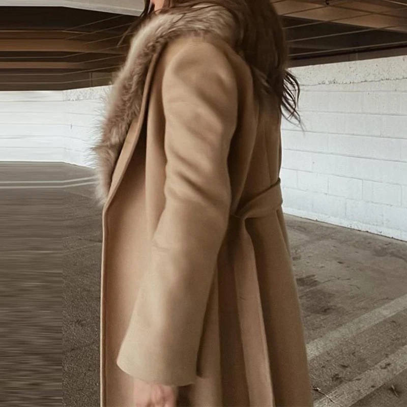 Manteau Long en laine à col en laine pour femme, manteau Long élégant, automne et hiver 2025