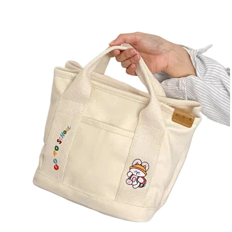 

Solid Color Embroidery Canvas Lunch Tote with Multiple Pockets for Students Mom Kids Outdoor Top-Handle Bag Pouch