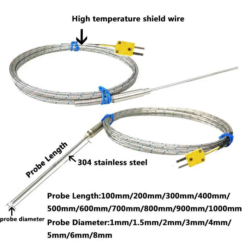 K-Type Thermocouple Sensor with High Temperature Stainless Steel Pointed Insertion Probe 500℃ with Stainless Steel Braided Cable