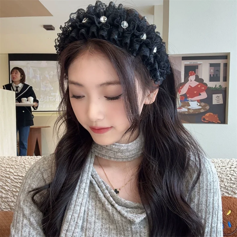 الإناث النسخة الكورية أغطية الرأس الأسود الدانتيل حجر الراين مشبك شعر للنساء السيدات 2025 نمط جديد هيرباند الملحقات #2